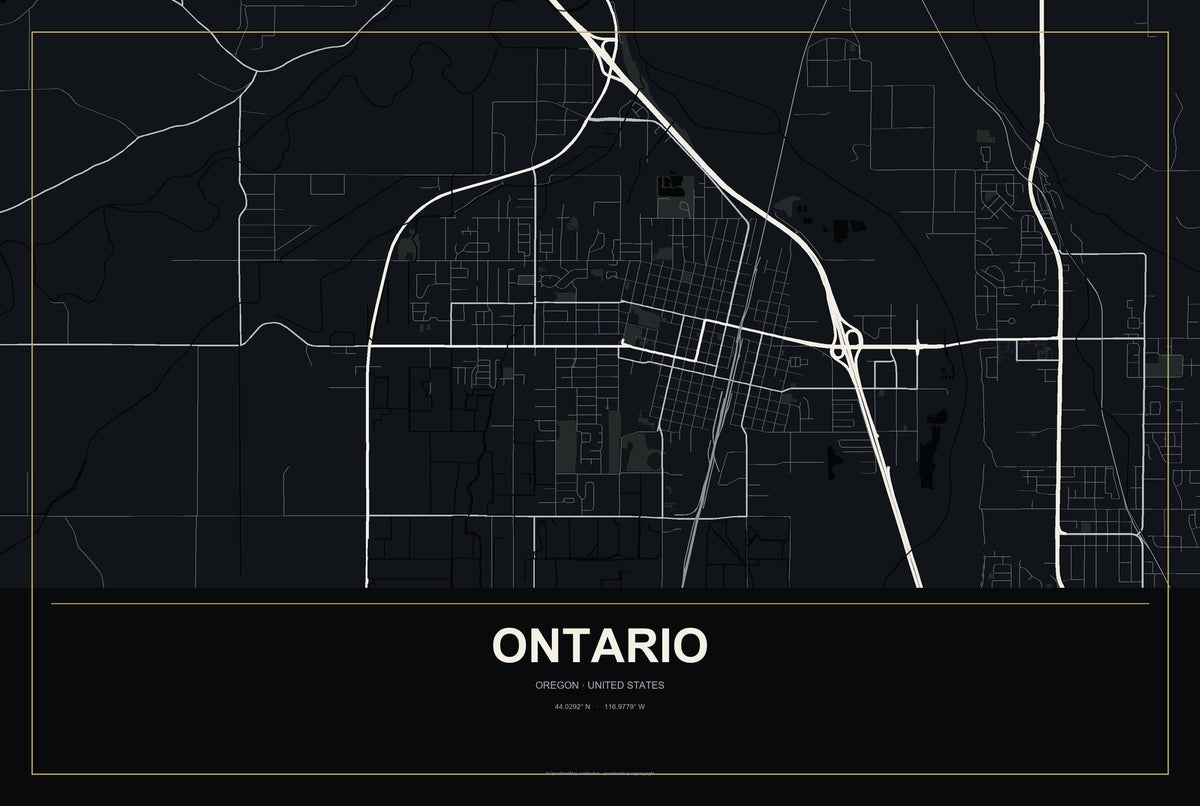 Ontario, Oregon City Map Aluminum Sign in Metropolitan Noir style