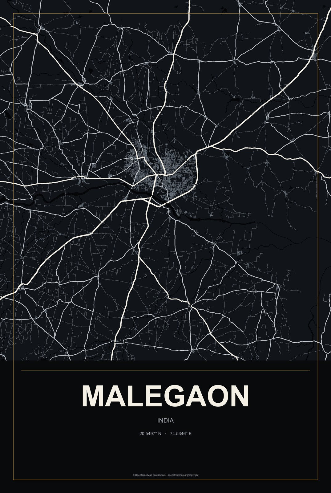 Malegaon, India City Map Aluminum Sign in Metropolitan Noir style