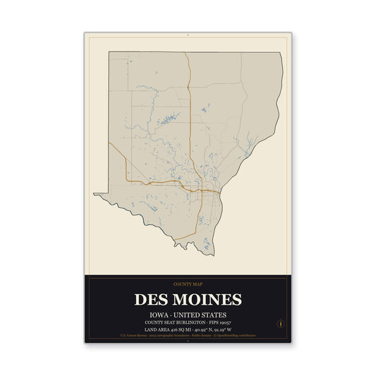 Des Moines County, Iowa Map Aluminum Sign in Museum Plaque style