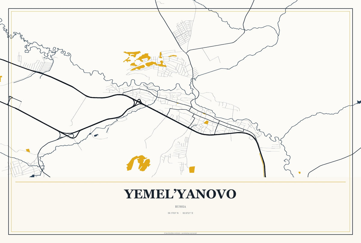 Yemel’yanovo, Russia City Map Aluminum Sign in Citrine Modern style