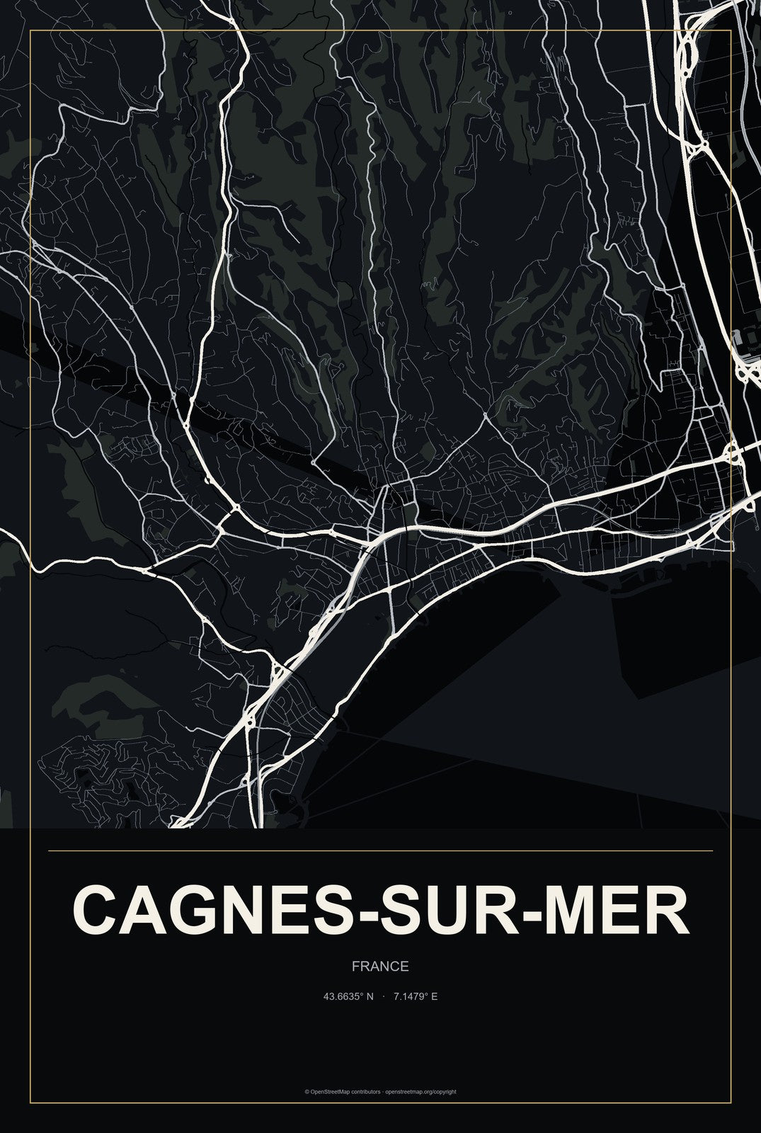 Cagnes-sur-Mer, France City Map Aluminum Sign in Metropolitan Noir style