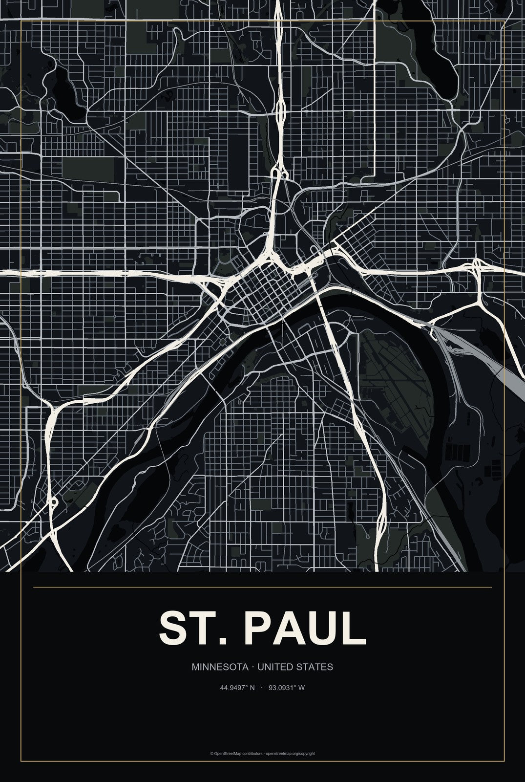 St. Paul, Minnesota City Map Aluminum Sign in Metropolitan Noir style
