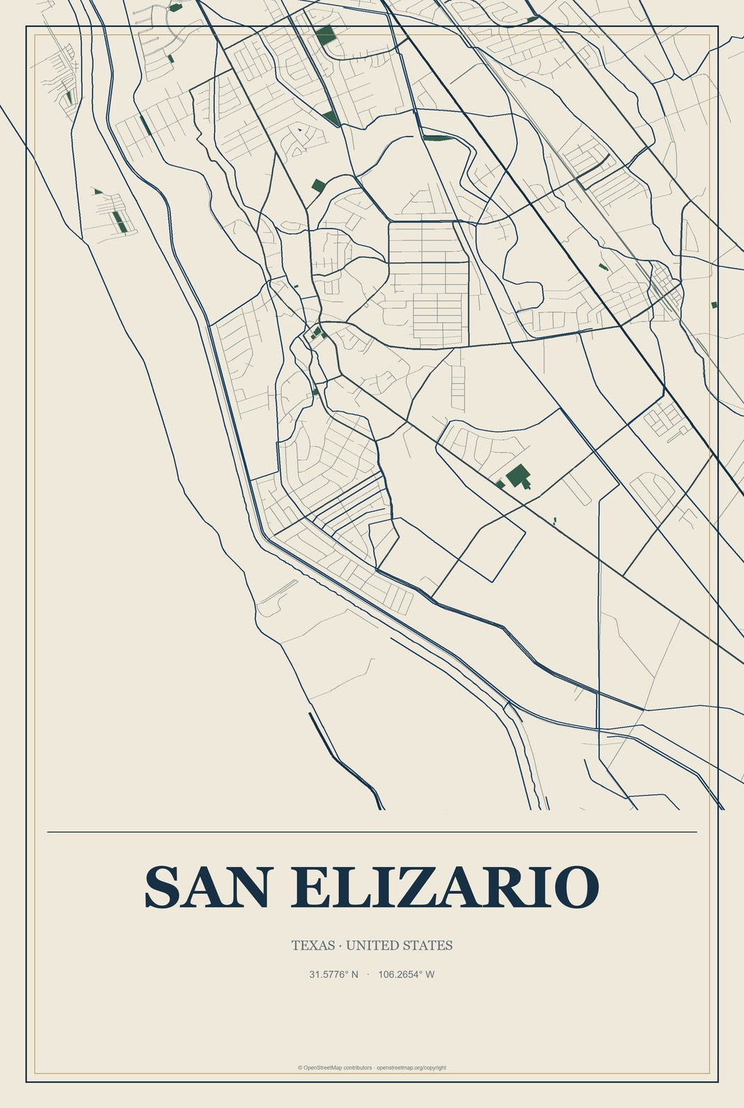 San Elizario, Texas City Map Aluminum Sign in Coastal Cutout style