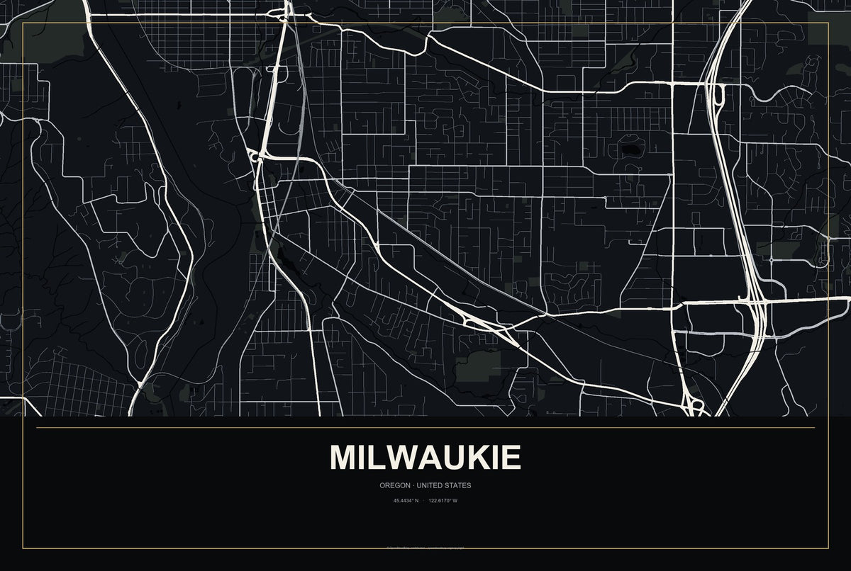 Milwaukie, Oregon City Map Aluminum Sign in Metropolitan Noir style