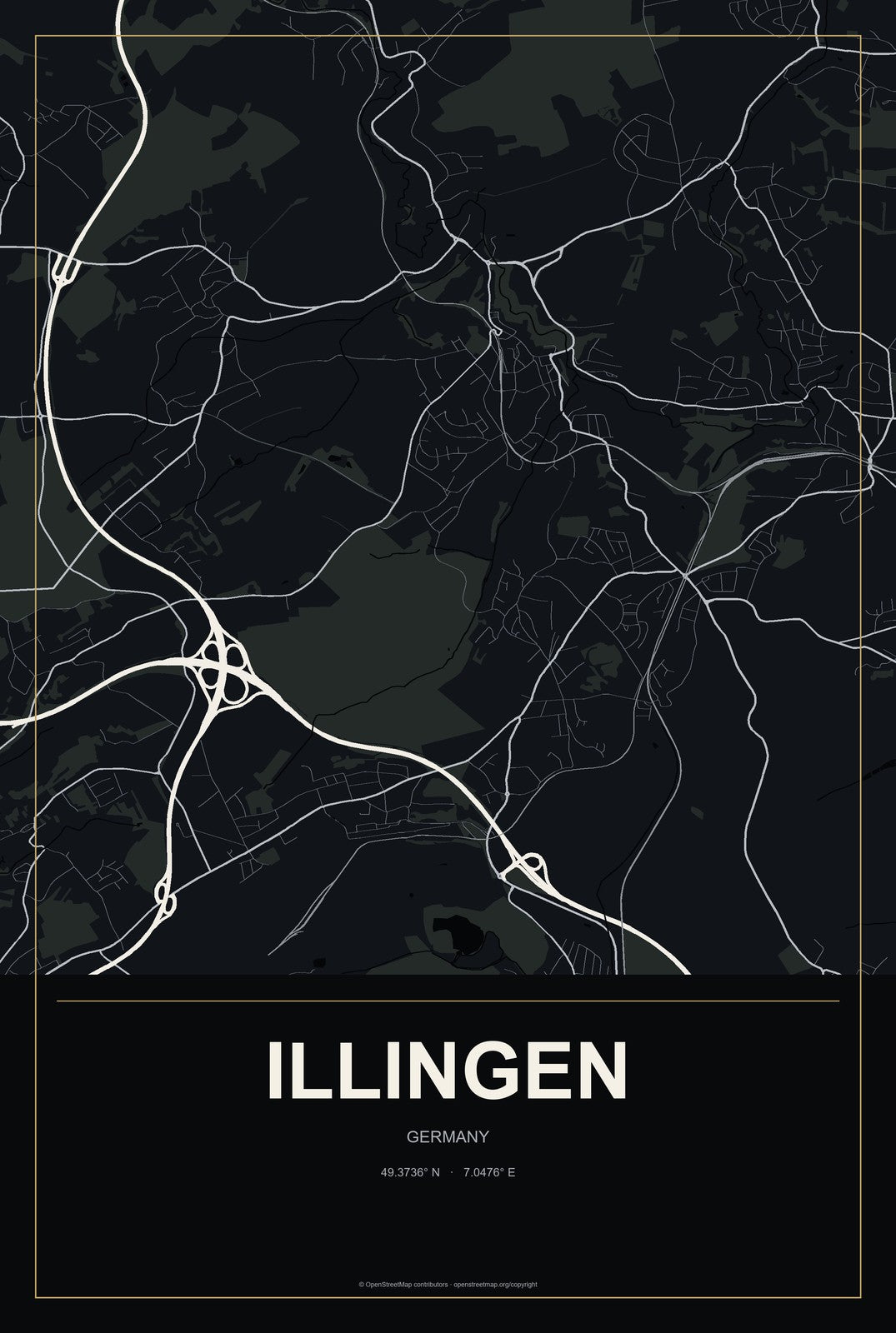 Illingen, Germany City Map Aluminum Sign in Metropolitan Noir style