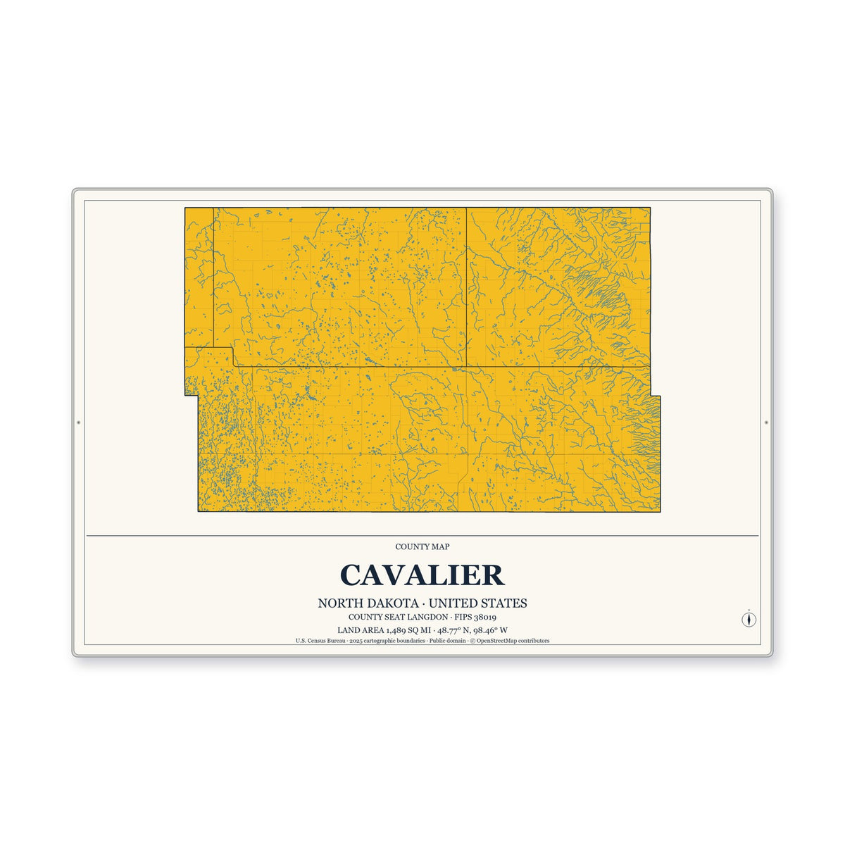 Cavalier County, North Dakota Map Aluminum Sign in Citrine Modern style