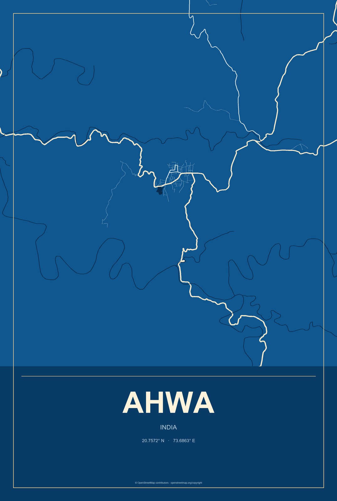Ahwa, India City Map Aluminum Sign in Harbor Cobalt style