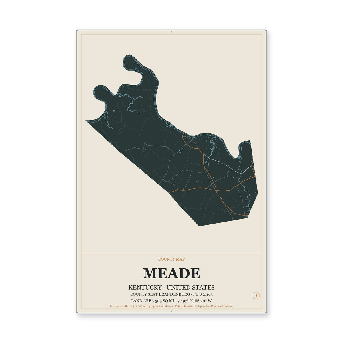 Meade County, Kentucky Map Aluminum Sign in Headline Atlas style