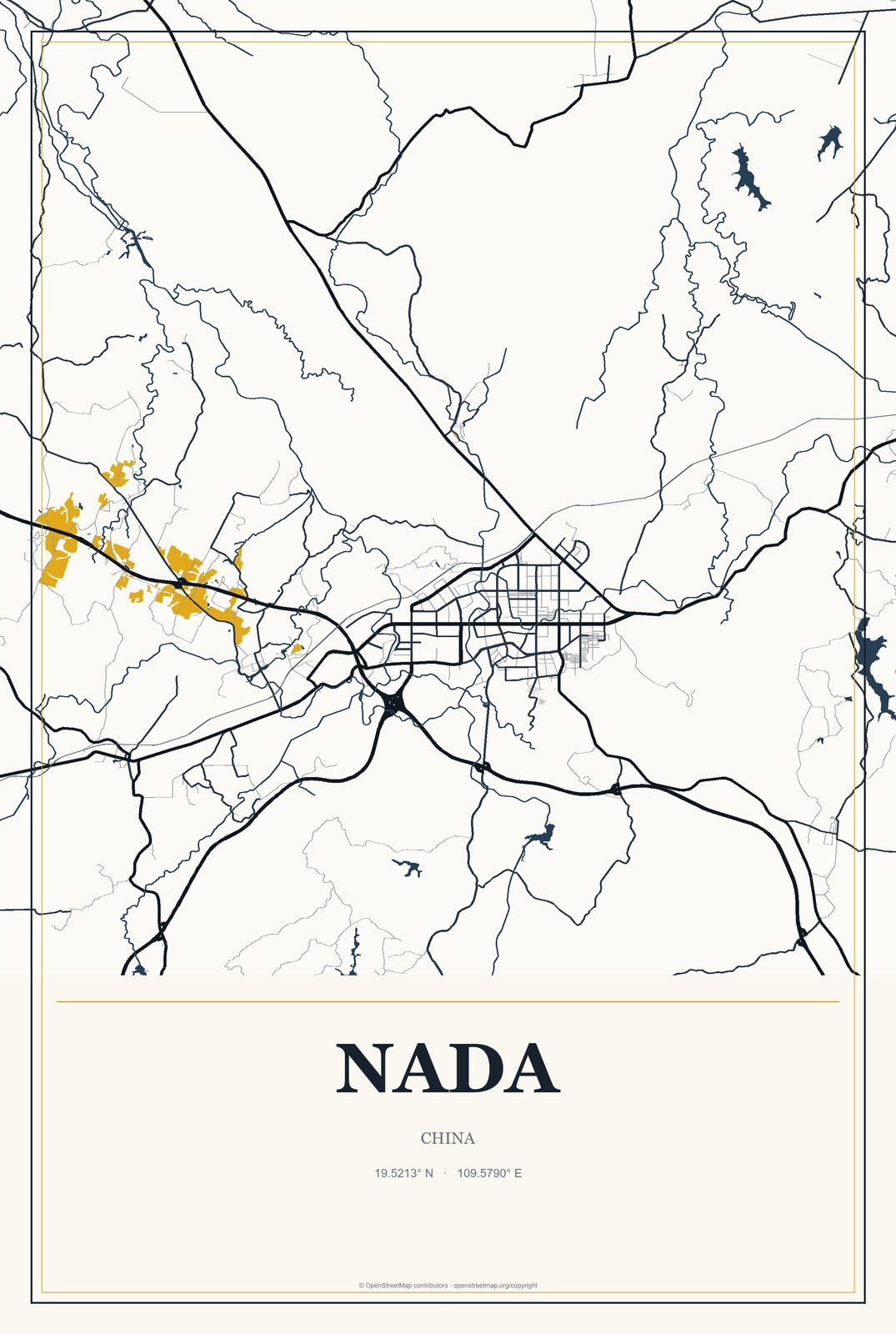 Nada, China City Map Aluminum Sign in Citrine Modern style