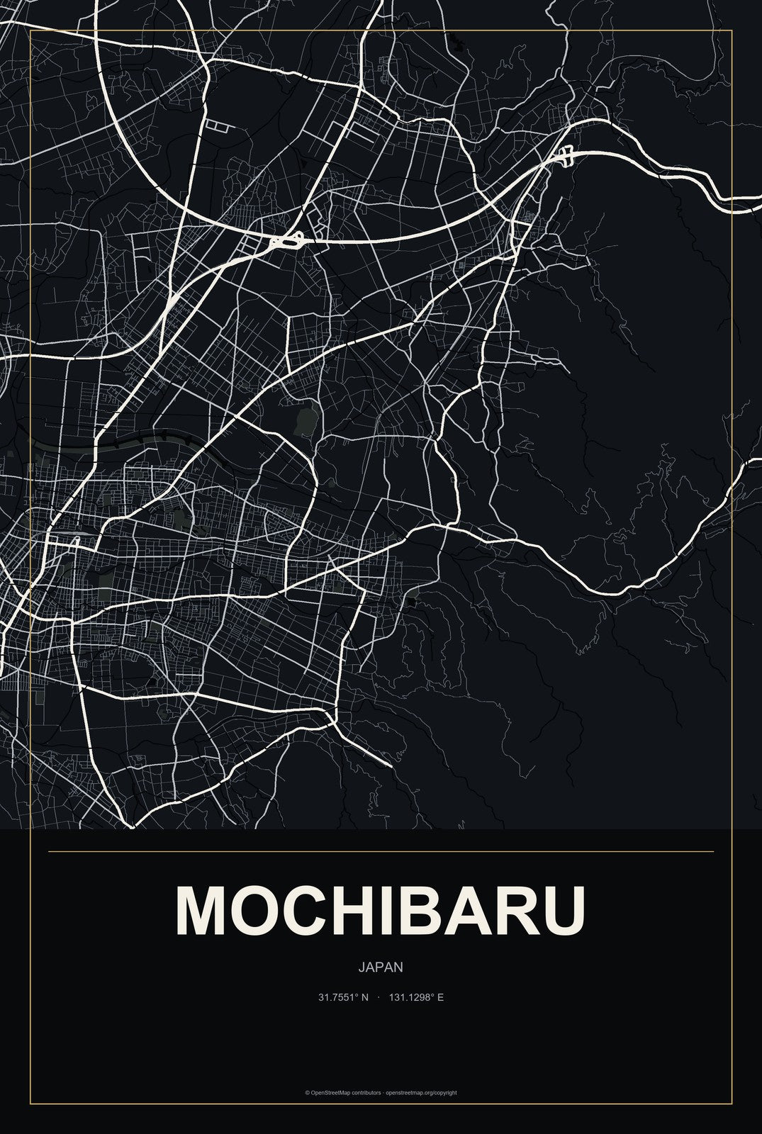 Mochibaru, Japan City Map Aluminum Sign in Metropolitan Noir style