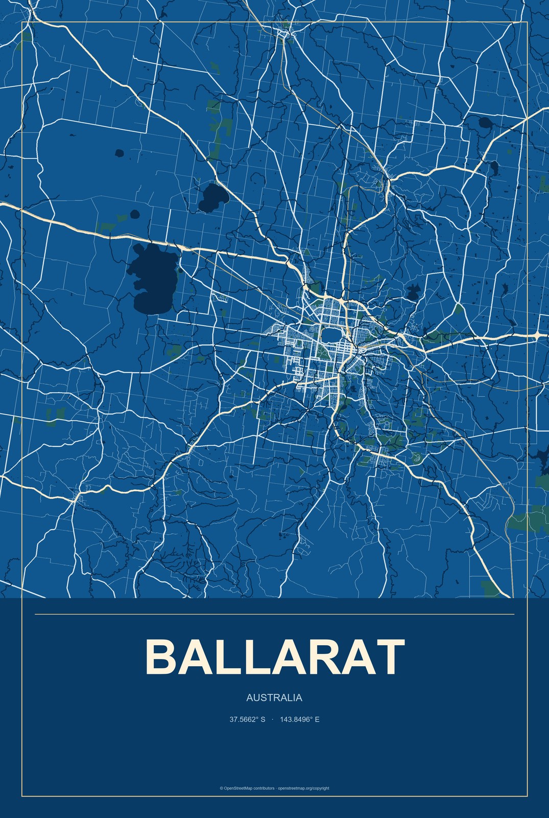 Ballarat, Australia City Map Aluminum Sign in Harbor Cobalt style
