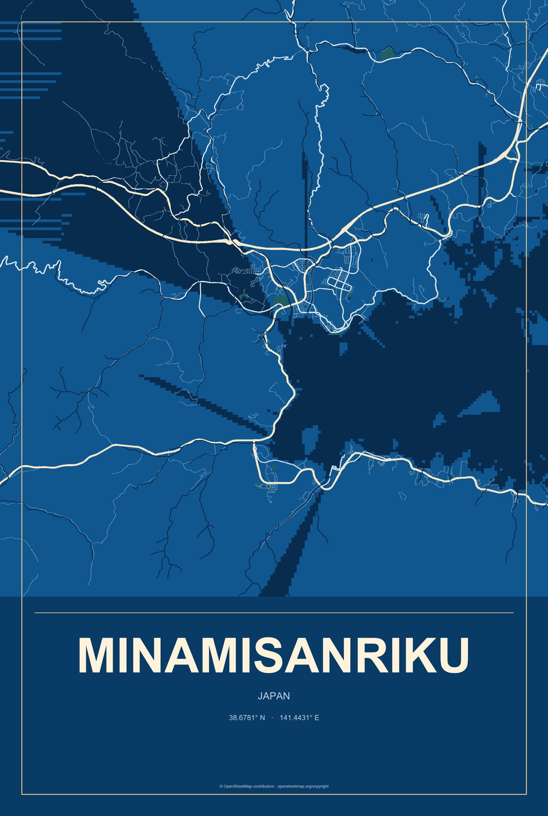 Minamisanriku, Japan City Map Aluminum Sign in Harbor Cobalt style