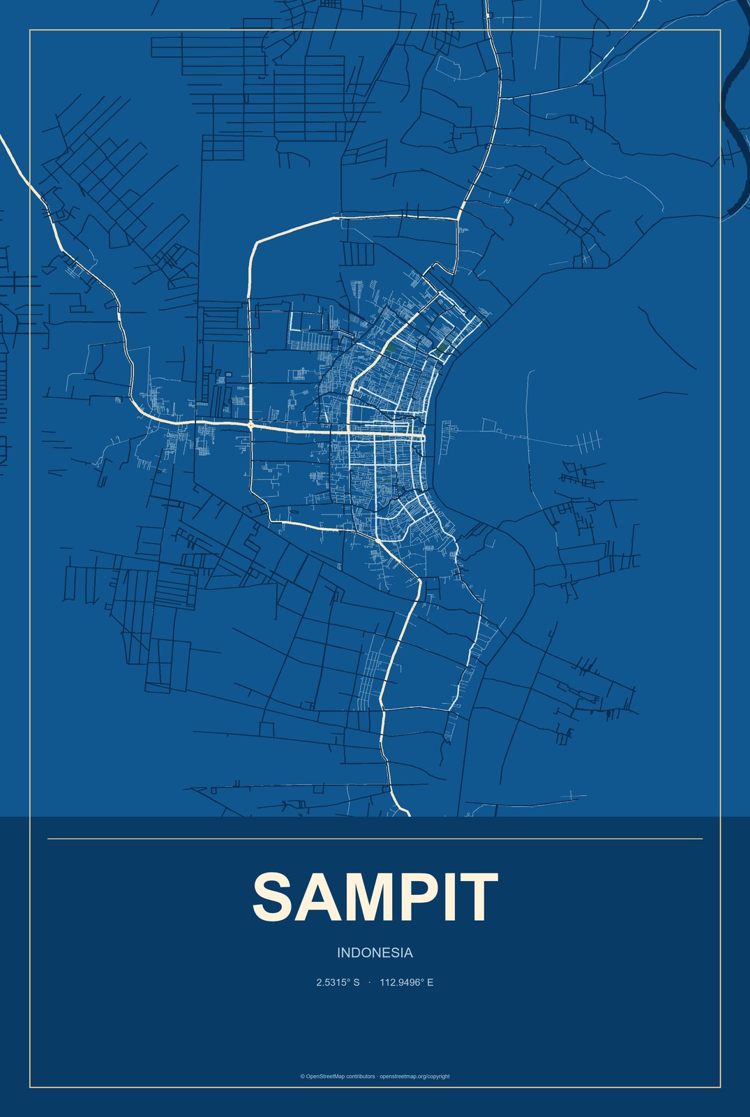 Sampit, Indonesia City Map Aluminum Sign in Harbor Cobalt style