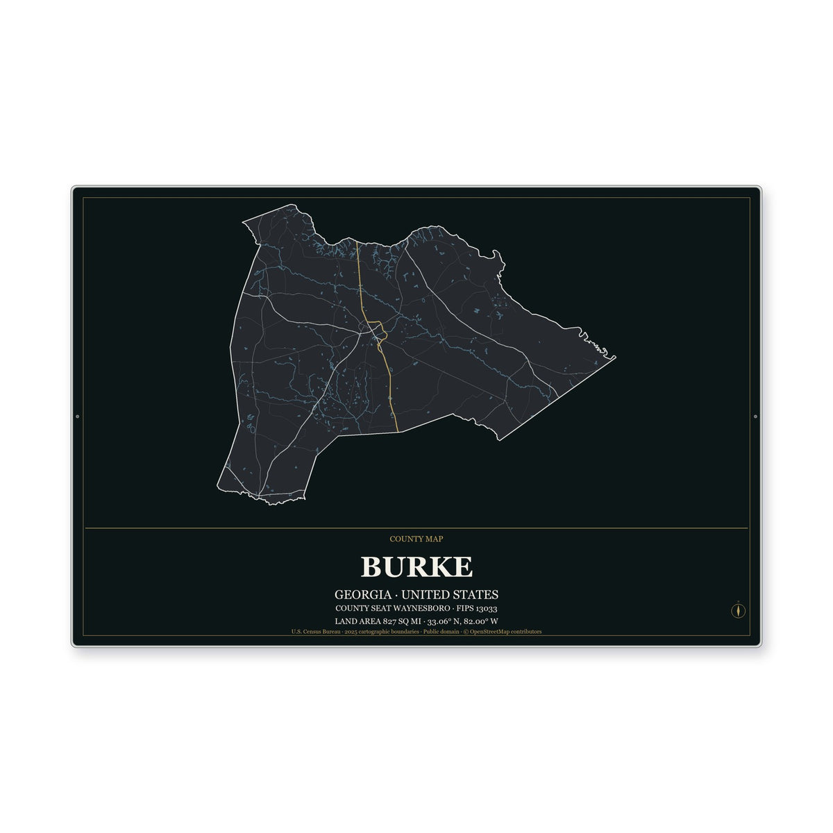 Burke County, Georgia Map Aluminum Sign in Metropolitan Noir style