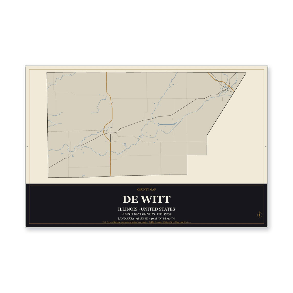 De Witt County, Illinois Map Aluminum Sign in Museum Plaque style