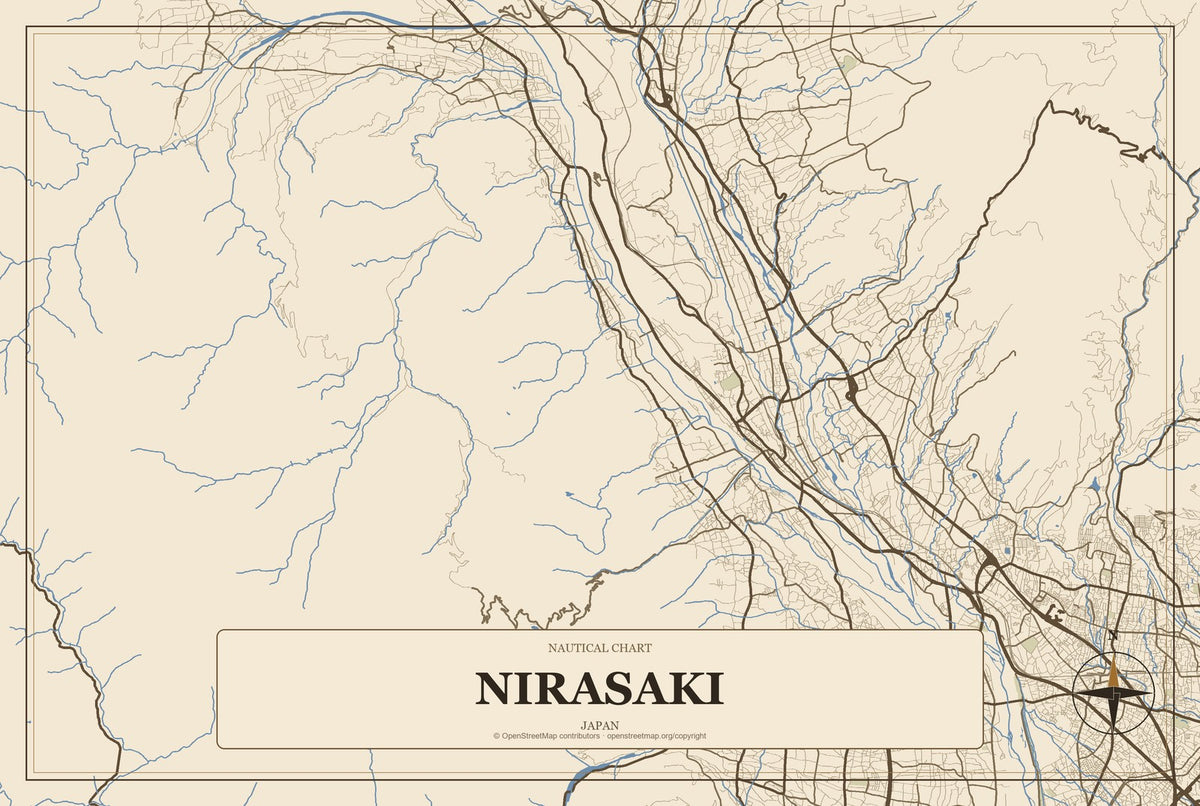 Nirasaki, Japan City Map Aluminum Sign in Heritage Nautical style