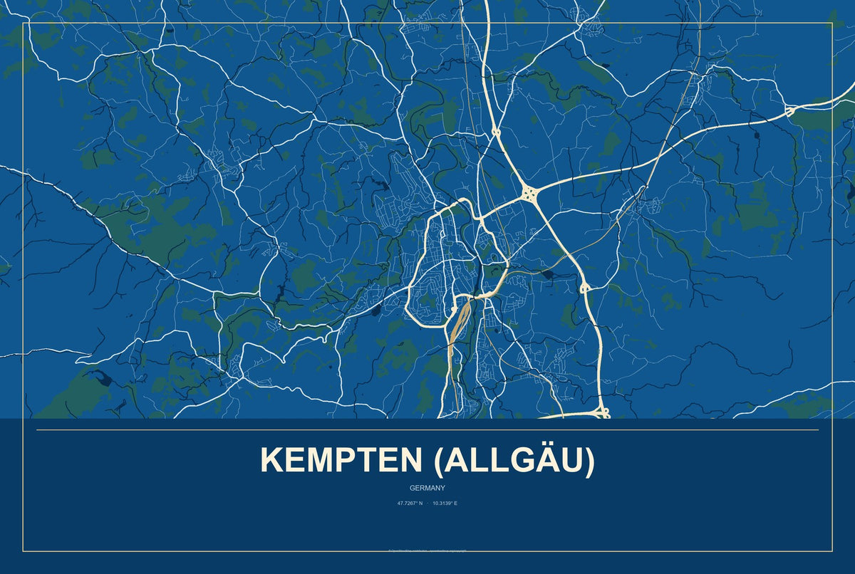 Kempten (Allgäu), Germany City Map Aluminum Sign in Harbor Cobalt style