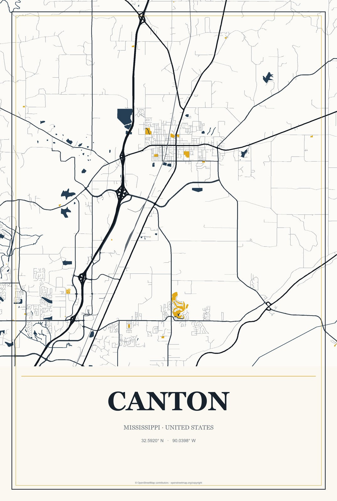 Canton, Mississippi City Map Aluminum Sign in Citrine Modern style