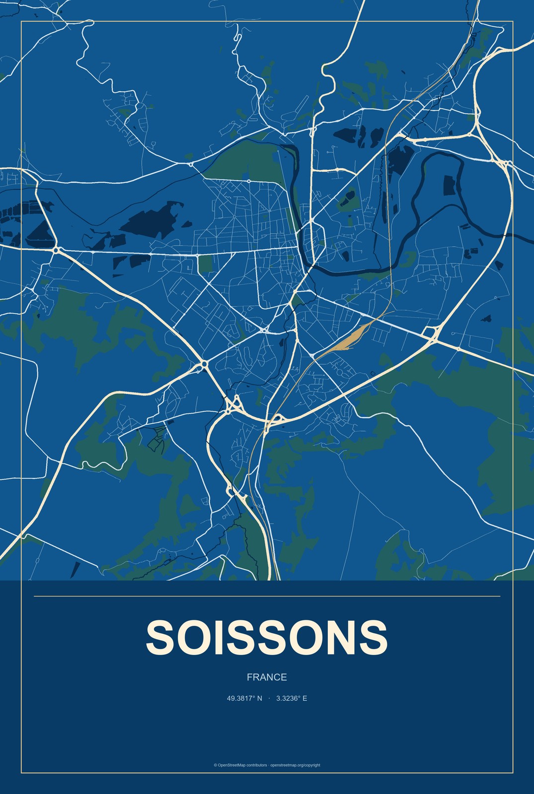 Soissons, France City Map Aluminum Sign in Harbor Cobalt style