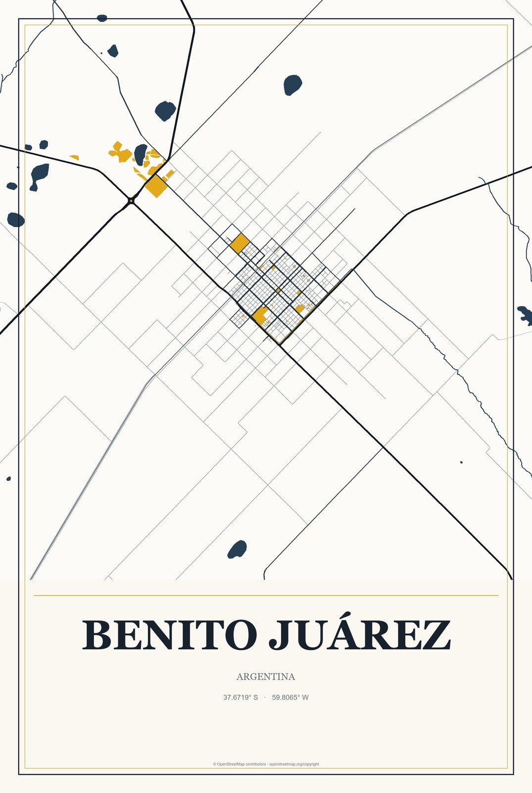 Benito Juárez, Argentina City Map Aluminum Sign in Citrine Modern style