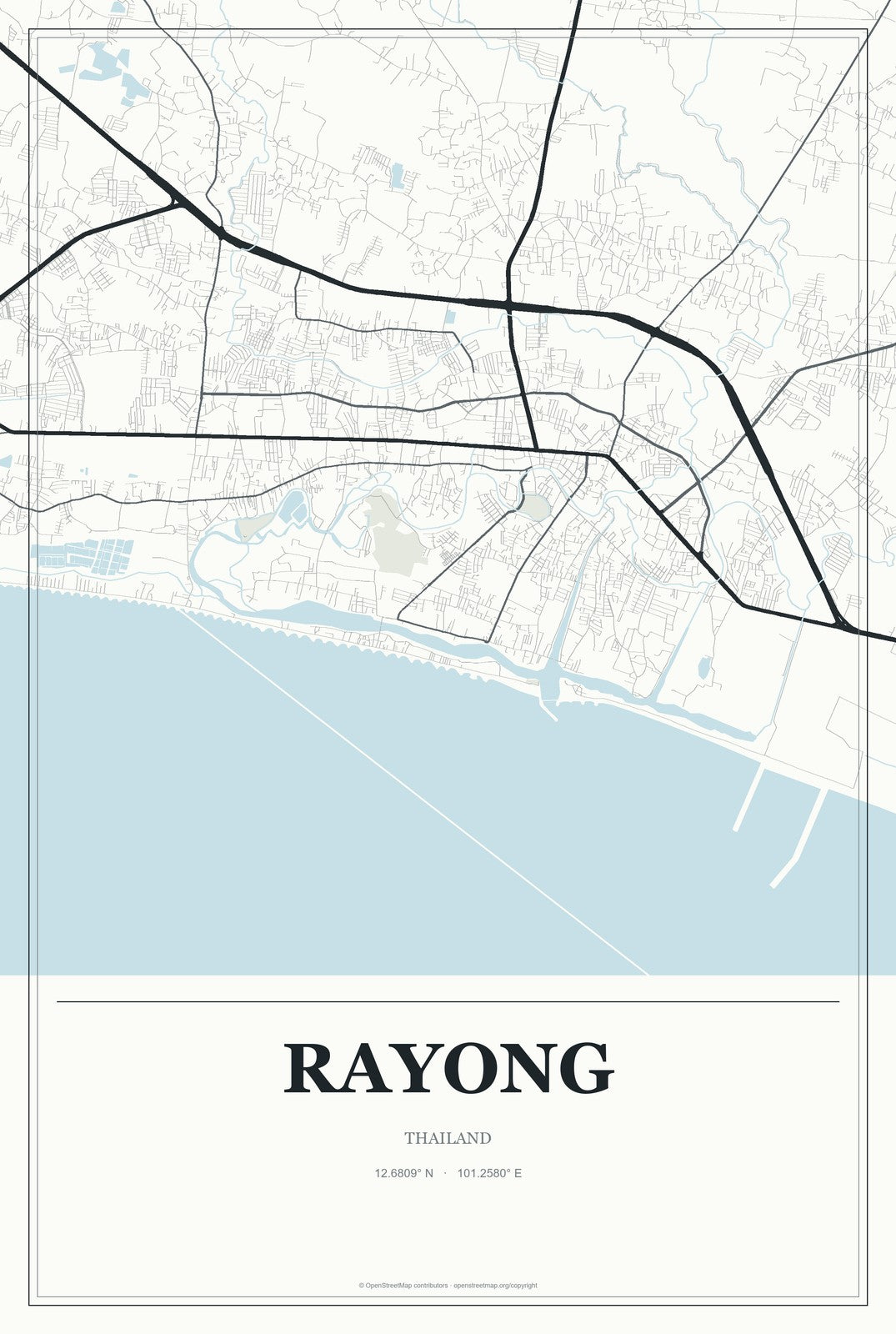 Rayong, Thailand City Map Aluminum Sign in Gallery Air style