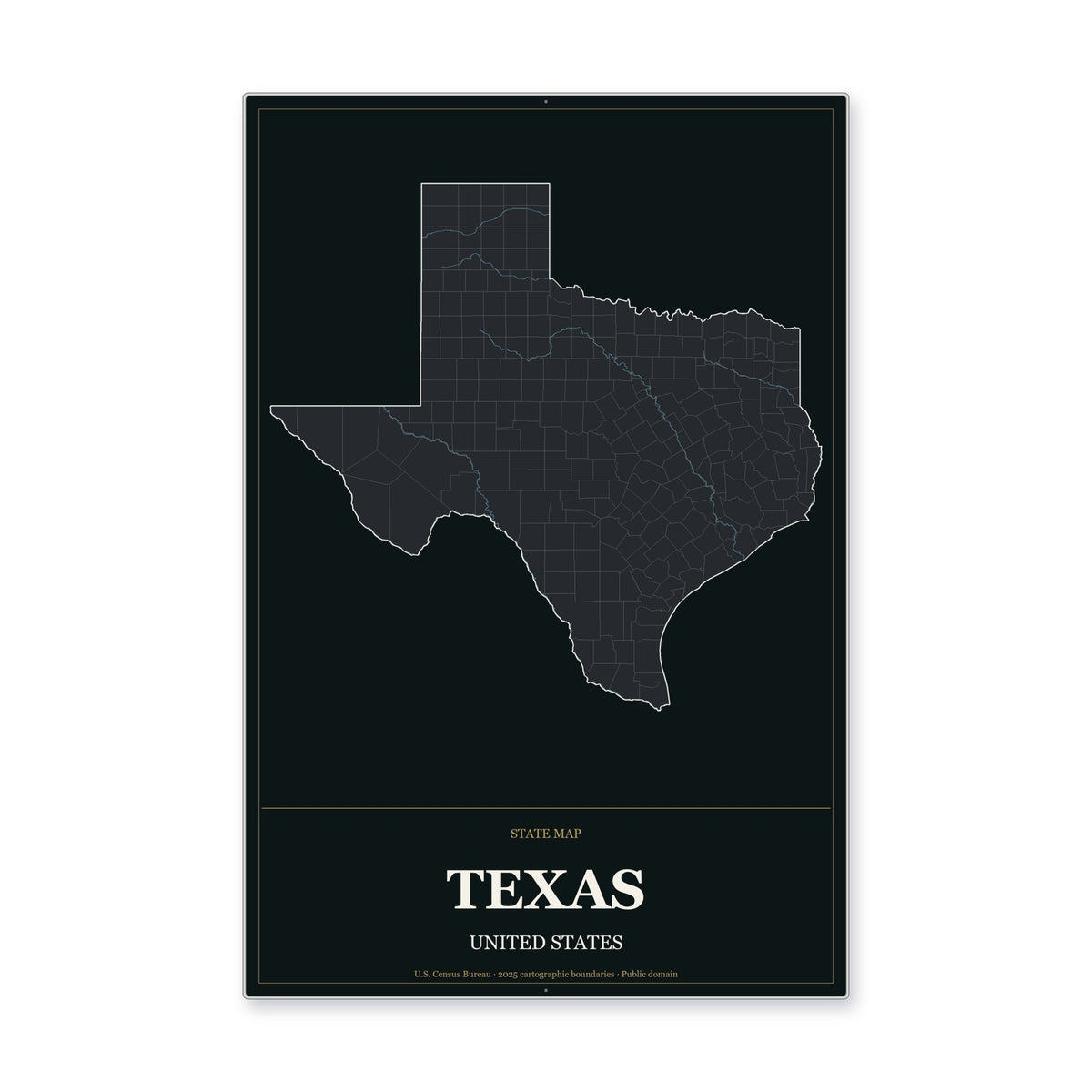 Texas state map aluminum sign in Metropolitan Noir style