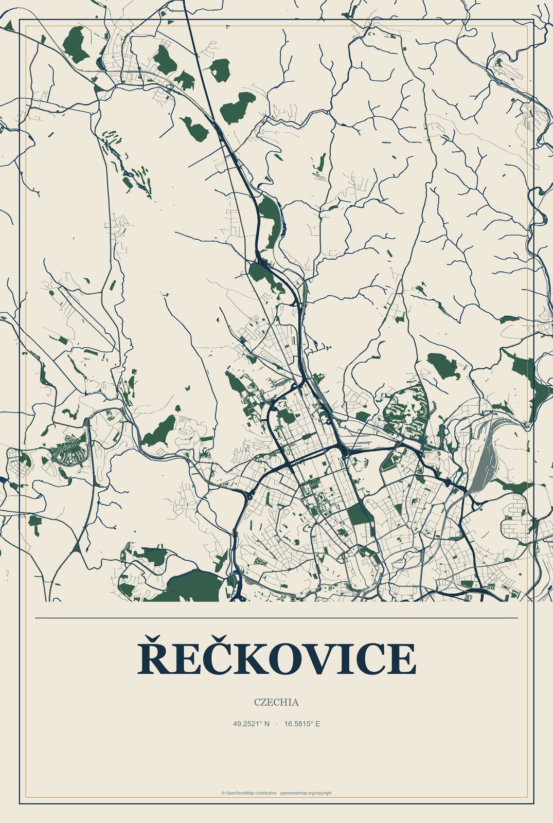 Řečkovice, Czechia City Map Aluminum Sign in Coastal Cutout style