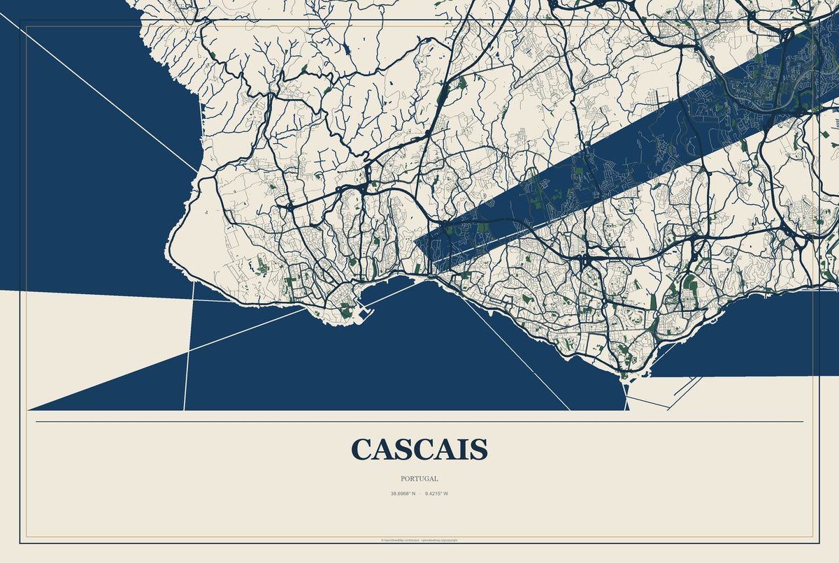 Cascais, Portugal City Map Aluminum Sign in Coastal Cutout style