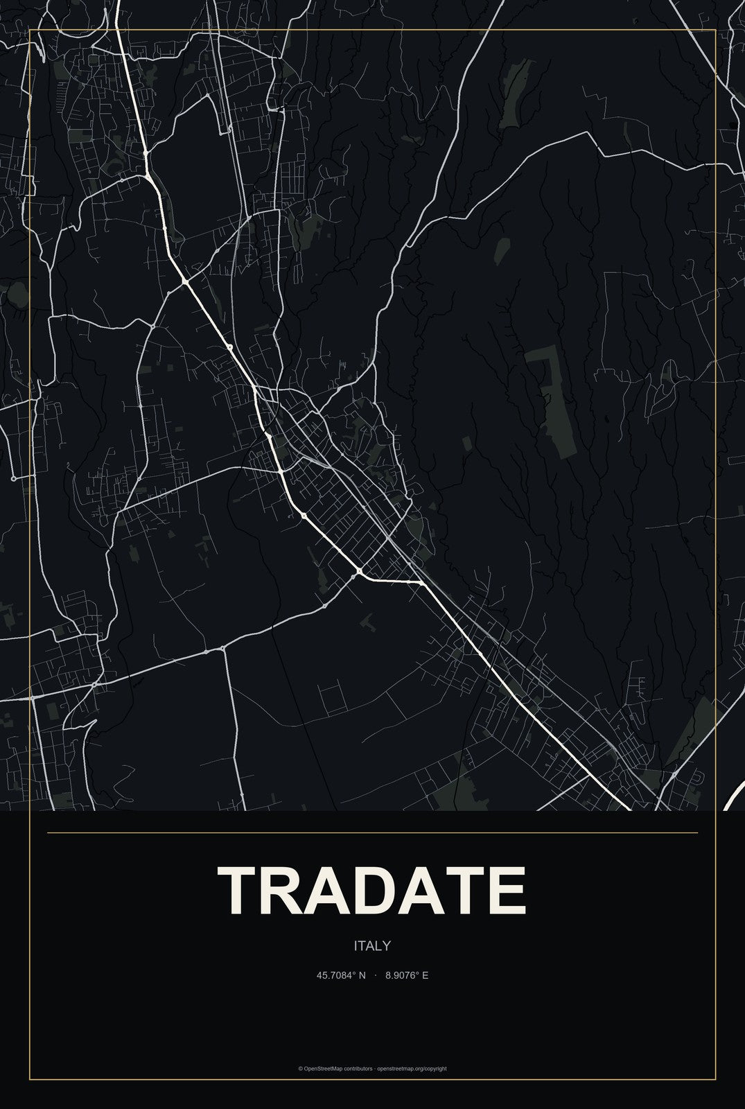 Tradate, Italy City Map Aluminum Sign in Metropolitan Noir style