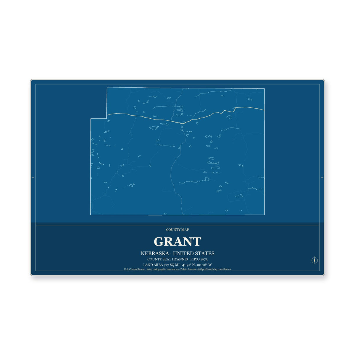 Grant County, Nebraska Map Aluminum Sign in Harbor Cobalt style