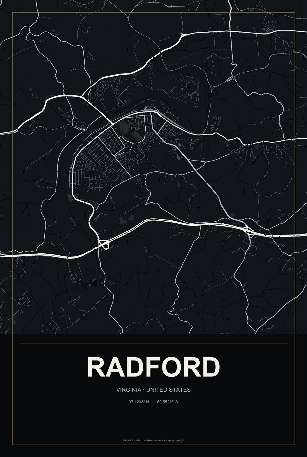 Radford, Virginia City Map Aluminum Sign in Metropolitan Noir style