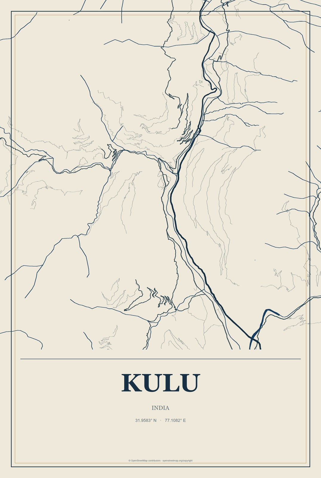 Kulu, India City Map Aluminum Sign in Coastal Cutout style