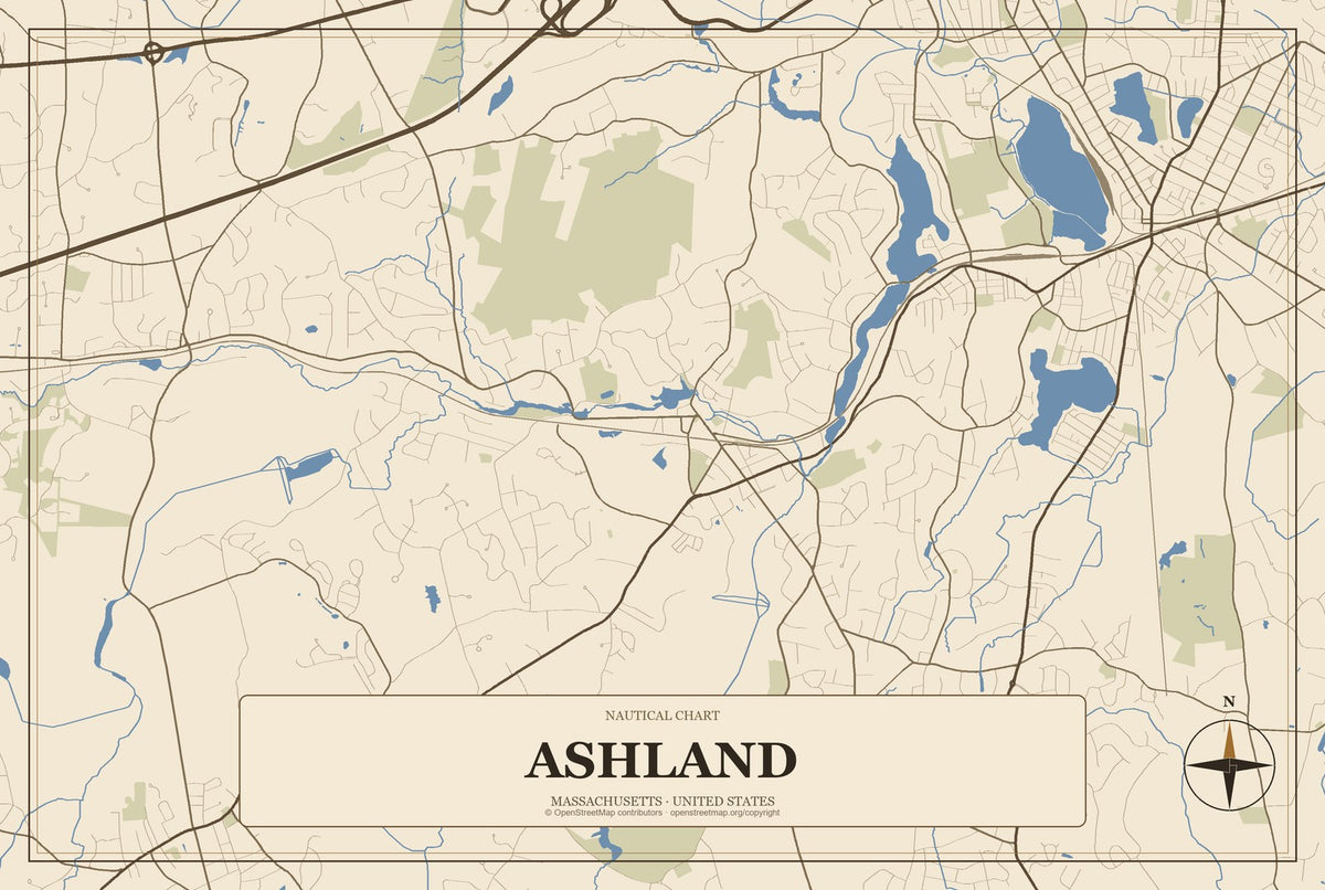 Ashland, Massachusetts City Map Aluminum Sign in Heritage Nautical style