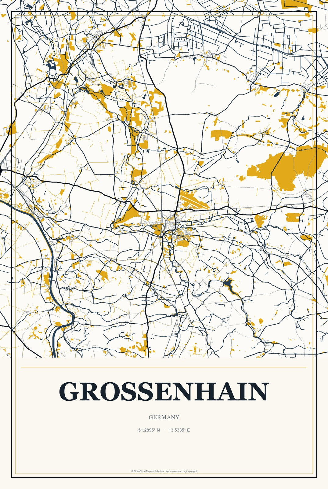 Großenhain, Germany City Map Aluminum Sign in Citrine Modern style