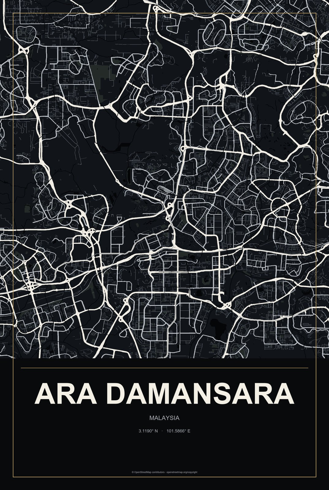 Ara Damansara, Malaysia City Map Aluminum Sign in Metropolitan Noir style