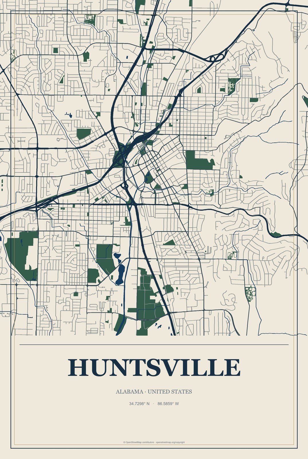 Huntsville, Alabama City Map Aluminum Sign in Coastal Cutout style