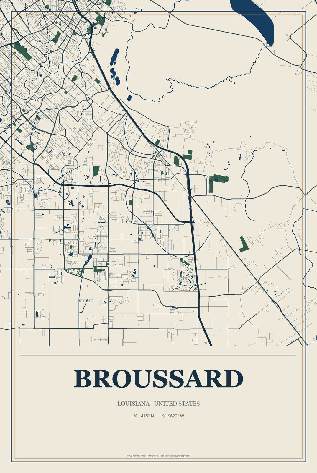Broussard, Louisiana City Map Aluminum Sign in Coastal Cutout style