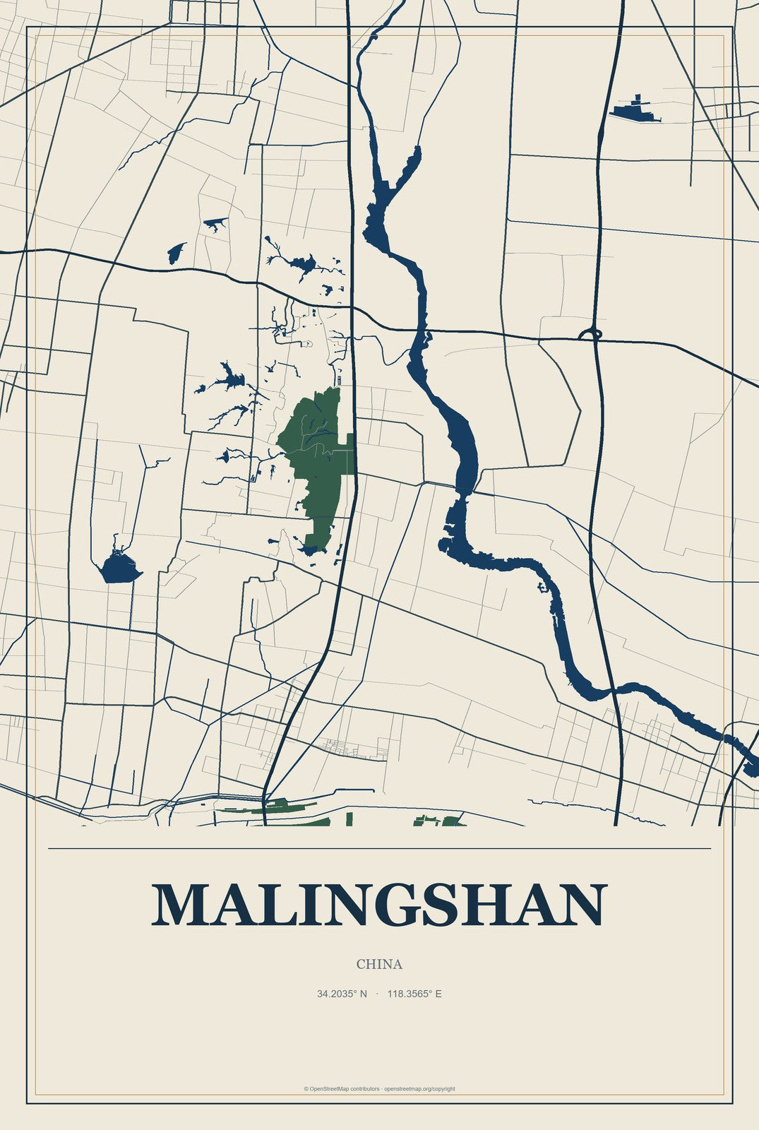 Malingshan, China City Map Aluminum Sign in Coastal Cutout style