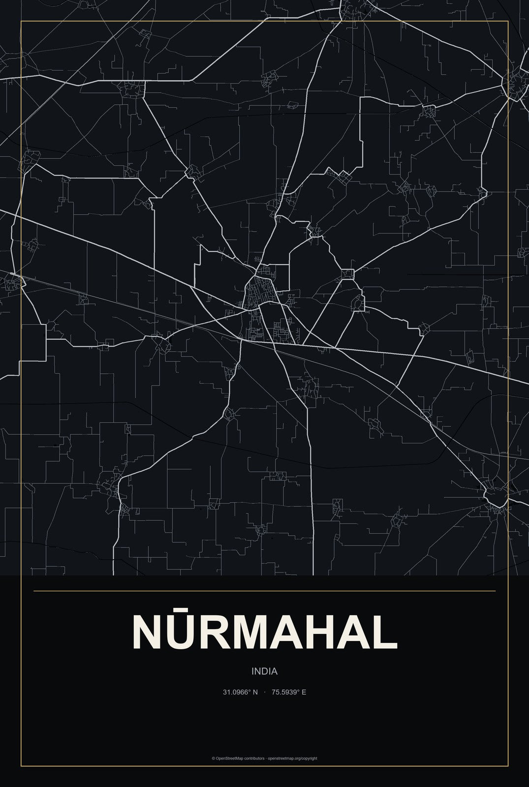 Nūrmahal, India City Map Aluminum Sign in Metropolitan Noir style