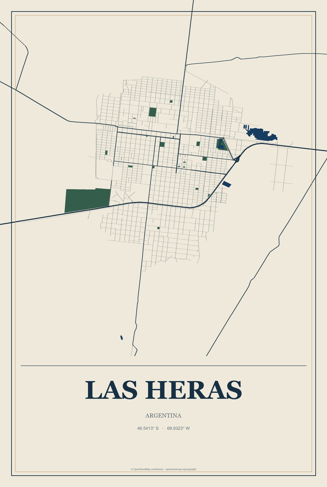 Las Heras, Argentina City Map Aluminum Sign in Coastal Cutout style