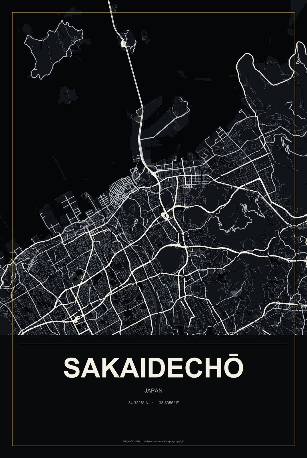 Sakaidechō, Japan City Map Aluminum Sign in Metropolitan Noir style