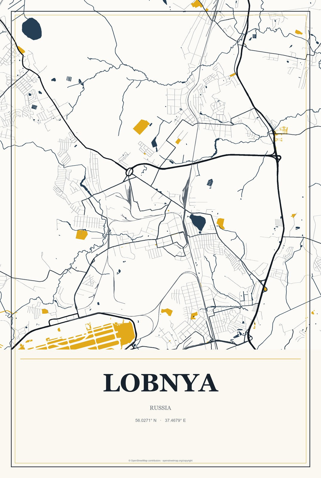 Lobnya, Russia City Map Aluminum Sign in Citrine Modern style