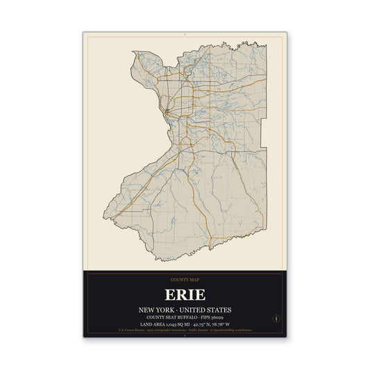 Erie County, New York Map Aluminum Sign in Museum Plaque style