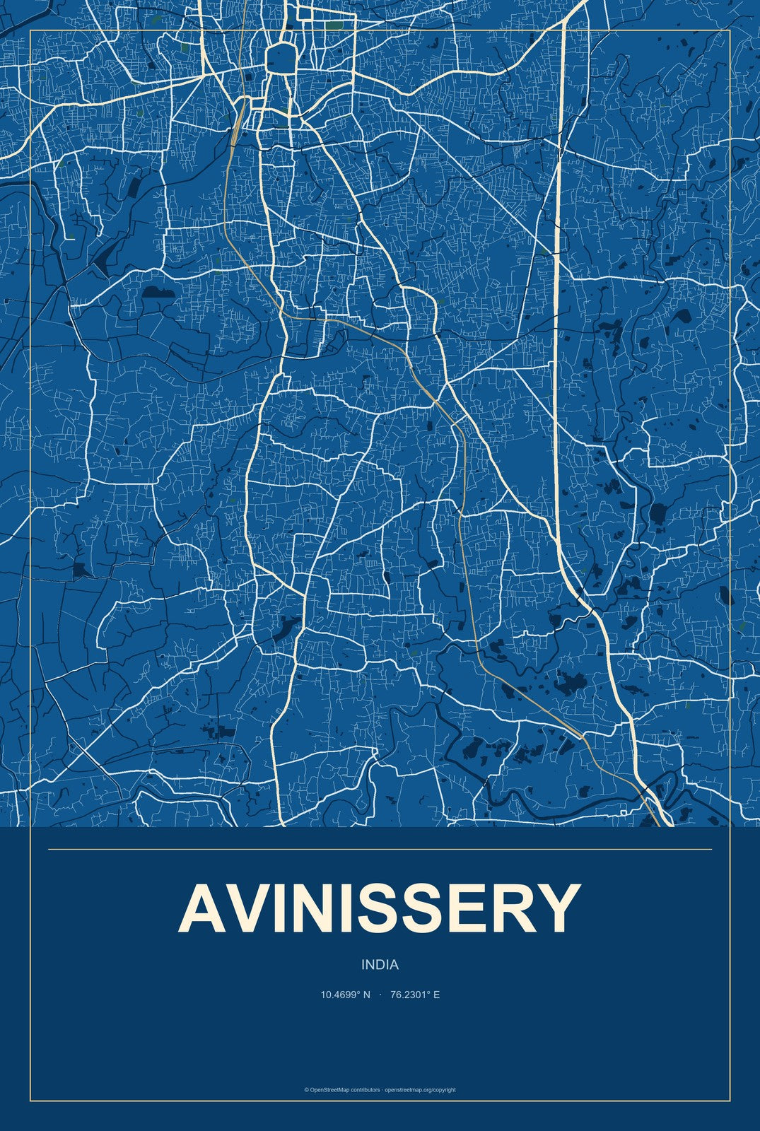 Avinissery, India City Map Aluminum Sign in Harbor Cobalt style