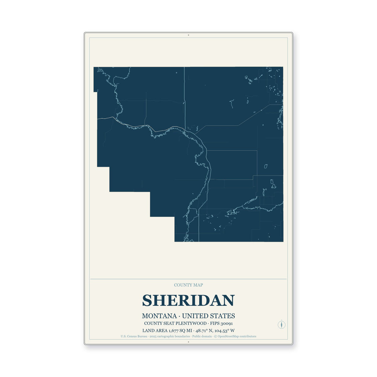 Sheridan County, Montana Map Aluminum Sign in Coastal Cutout style