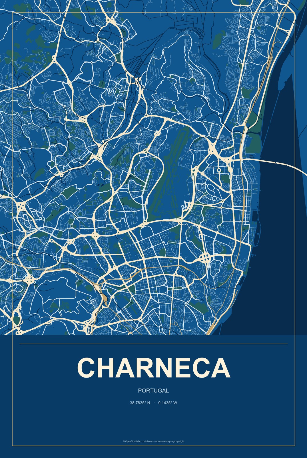 Charneca, Portugal City Map Aluminum Sign in Harbor Cobalt style