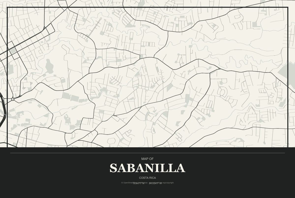 Sabanilla, Costa Rica City Map Aluminum Sign in Museum Plaque style