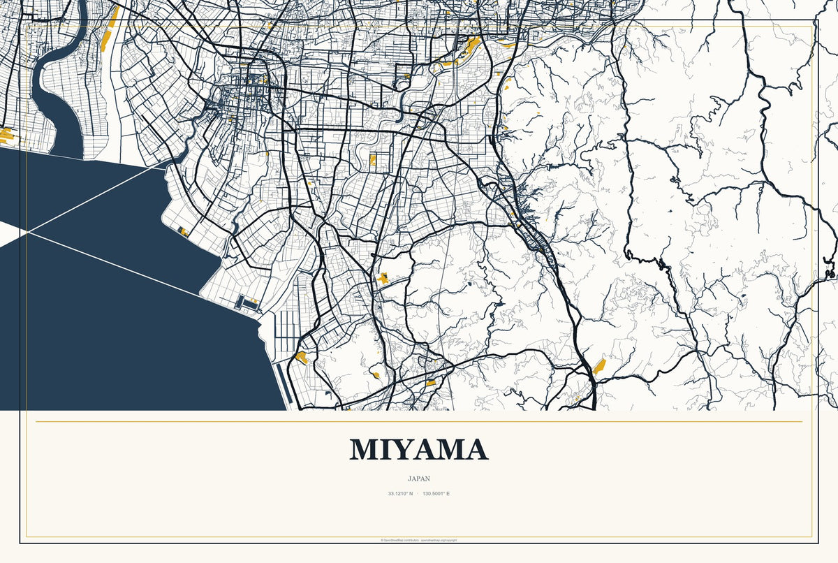 Miyama, Japan City Map Aluminum Sign in Citrine Modern style
