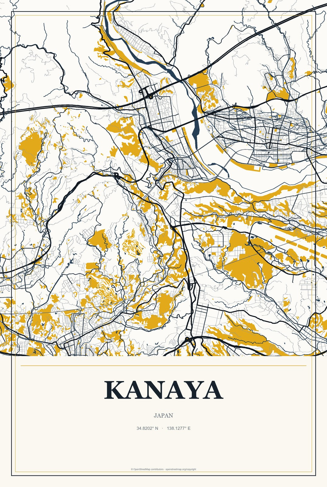 Kanaya, Japan City Map Aluminum Sign in Citrine Modern style