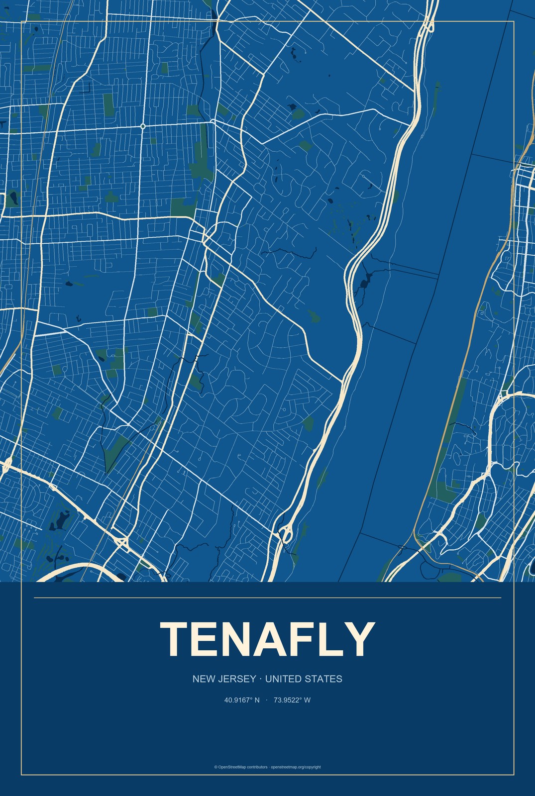 Tenafly, New Jersey City Map Aluminum Sign in Harbor Cobalt style